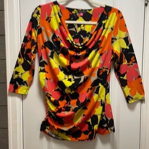 Vince Camuto Cowl neck 1 Side Asymmetric Ruching Floral Pullover M EUC